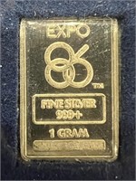 Expo 86 Fine Silver Ingot .999- 1 gram