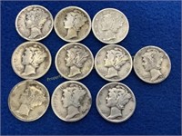 (10) Mercury silver dimes  1920s-30s