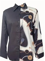 Black & Multi Patterned Button Down Blouse XLg