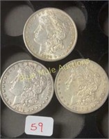 3-Silver Morgan Dollars-1878-S,1879,1880-O