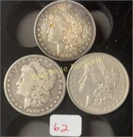 3-Silver Morgan Dollars-1879-O,1880-O,1881