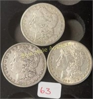 3-Silver Morgan Dollars-1879,1880-O,1881-S