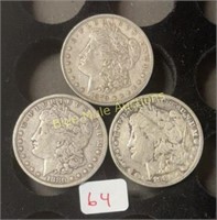 3-Silver Morgan Dollars-1879,1880,1881