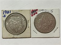 (2) 1921 S Morgan Dollars