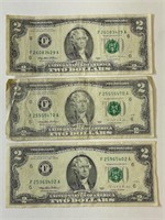 (3) 1995 Two Dollar Bills
