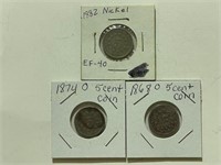 1882, 1868 O, 1874 O Five Cent Coins
