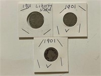 (3) 1901 Liberty Nickels