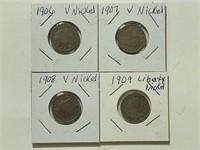 1906, 1907,  1908, 1909 Liberty Nickels