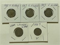 (5) 1907 Liberty Nickels