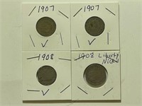 (2) 1907, (2) 1908 Liberty Nickels