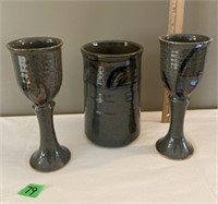 Pottery wine glasses and bottle holder