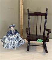 Vintage porcelain doll and  small rocking