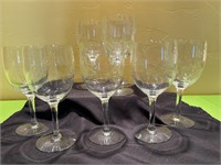 Set of 7 Etched Wine Glasses