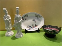 Asian Style Figurines, Platter + Cloisonné Bowl