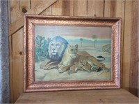 Large Oil On Canvas , Lion Lioness & Cubs , Dated