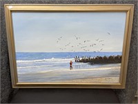Feeding The Sea Gulls Canvas in Gold / Blue Frame