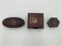 Indian Wood And Brass Boxes And Coasters Set