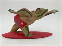 Hand Carved And Painted Wooden Surfing Frog Figure