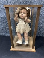 Antique Doll on Stand in Glass Display Box
Box