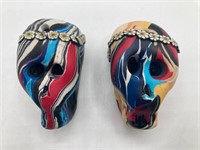 Set Of Two Small Resin Painted Skulls