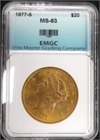 1877-S $20 Gold Double Eagle, EMGC MS63