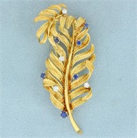 Sapphire and Diamond Feather Pin in 18K Yellow Gol
