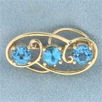 Vintage Swiss Blue Topaz 3 Stone Pin Brooch in 14k