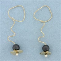 Custom Made Pearl Wire Dangle Earrings in 14K Yell