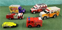 Toy ambulances, firetrucks. Car, food truck