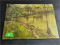 VERY FINE VINTAGE LAKE SCENIC OIL PAINTING.