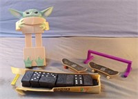Yoda picture holder, dominoes and tech decks