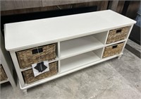 storage bench with 4 wicker baskets and