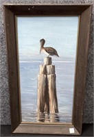 Pelican On Pylons Signed Painting