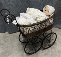 Vintage Doll in Wicker Carriage