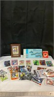 Various trading cards, superheroes, football,