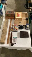 Cigar boxes, decorative Avon bottle, USB car