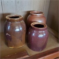 Trio of Glazed Stoneware Crocks - No Lids, One is