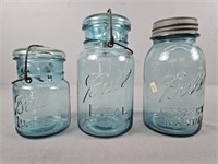 Lot Of 3 Vintage Aqua Ball Mason Jars 2 Qt 1 Pt
