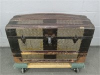 Antique Wooden Trunk W Pressed Tin Accents