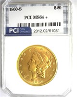 1860-S Gold $20 MS64+ LISTS $85000 IN 64