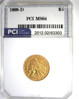 1909-D Gold $5 MS64 LISTS $3250