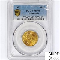 1927 Netherlands .1947oz Gold 10 Gulden PCGS MS65