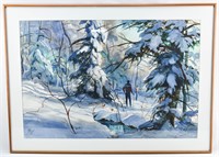 Orig. John Pike Watercolor, Skiers in Snowy Forest