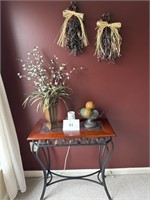 Table, wall decor, flower arrangement, wire basket
