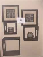 3 wall shelves, owl, candle, 2 pictures