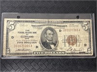 Early Red Seal $5 Cleveland Bank Note.