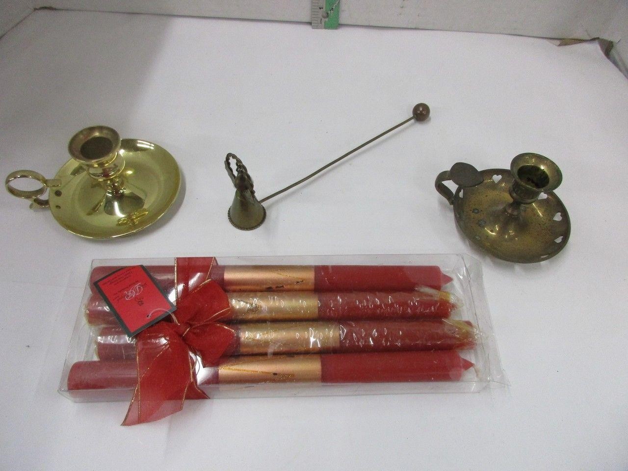 Brass candle holders, new candles & snuffer