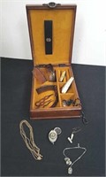Decorative jewelry box with vintage jewelry, hair