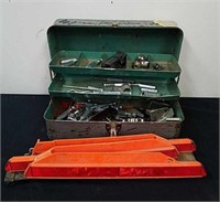 Vintage metal toolbox with miscellaneous hardware