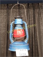ANTIQUE BLUE LANTURN WITH RED GLASS